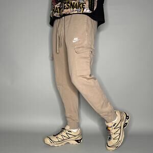 Nike Sweatpants Tan Cotton Joggers White Swoosh Cargo Pockets